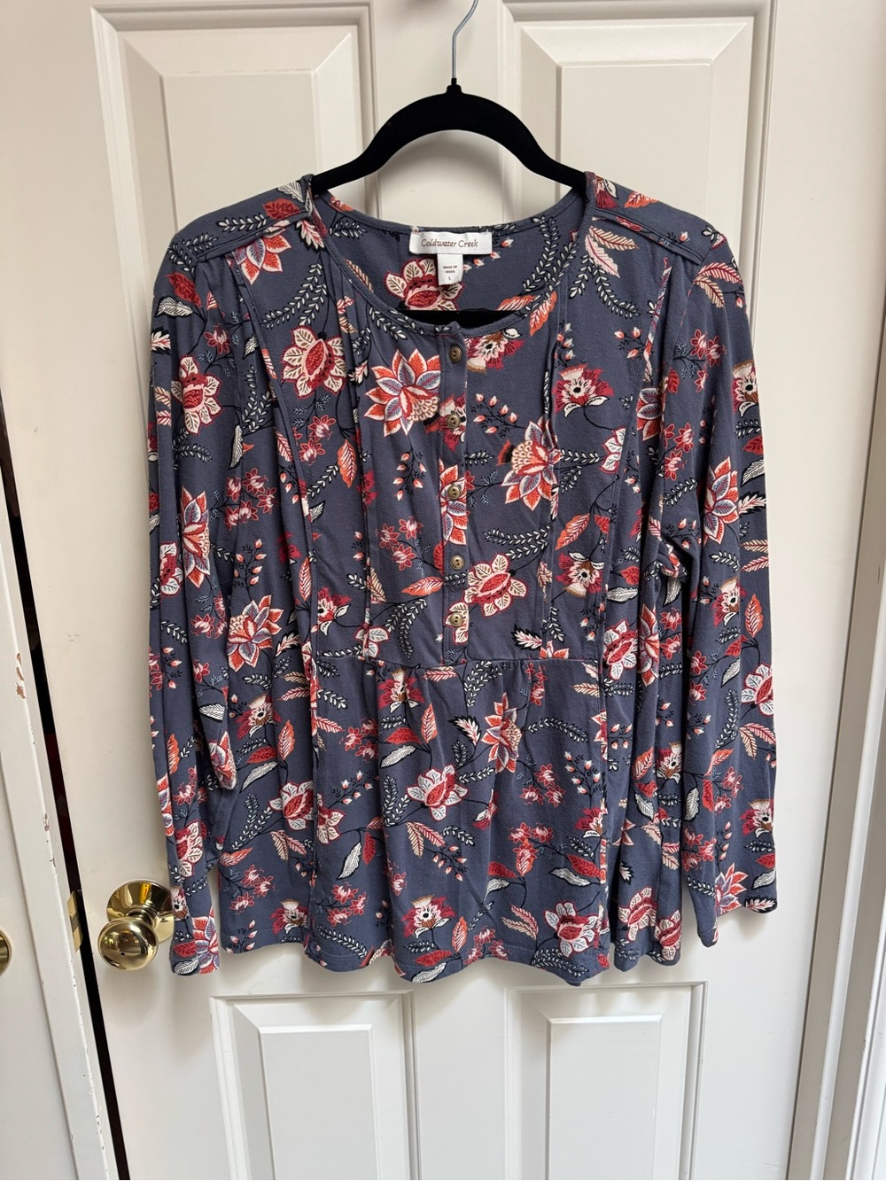 Coldwater Creek Gray/Blue Floral Long-Sleeve Peasant Top